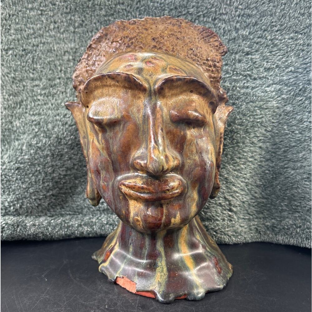Clay Sculpture of Buddha Head Glazed Vintage Gorgeous